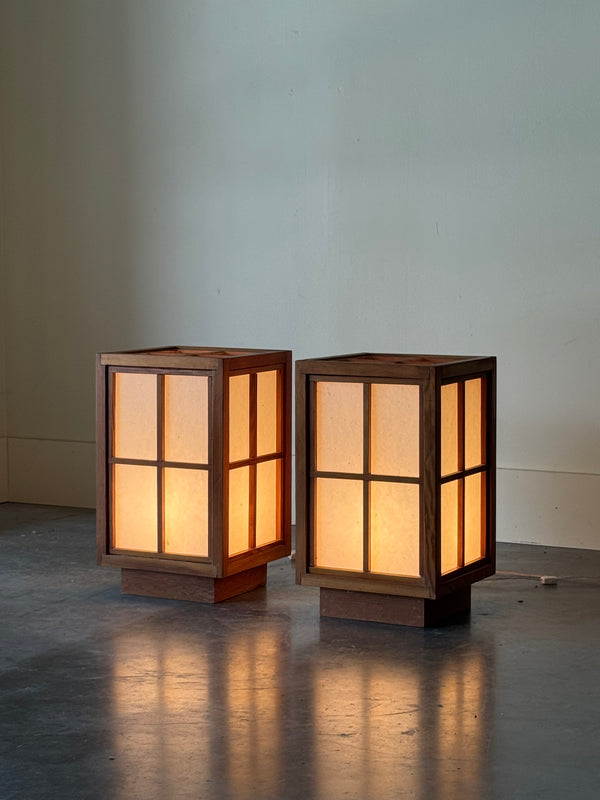 Pair 1970s Japanese Pine Shoji Lamp
