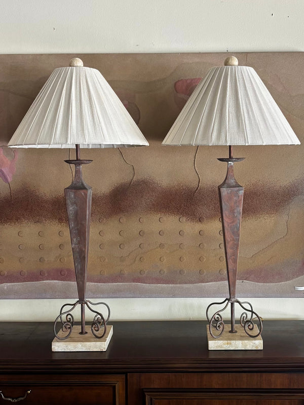 Whimsical Postmodern Metal & Travertine Lamps with Wrapped Linen Shades