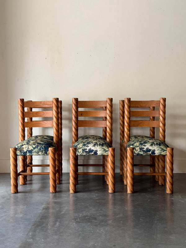 S/6 Twisted Leg Pine Chains in Verdue Tapestry Fabric