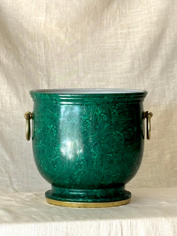 Enameled Painted Malachite Porcelain Planter with Brass circa 1970