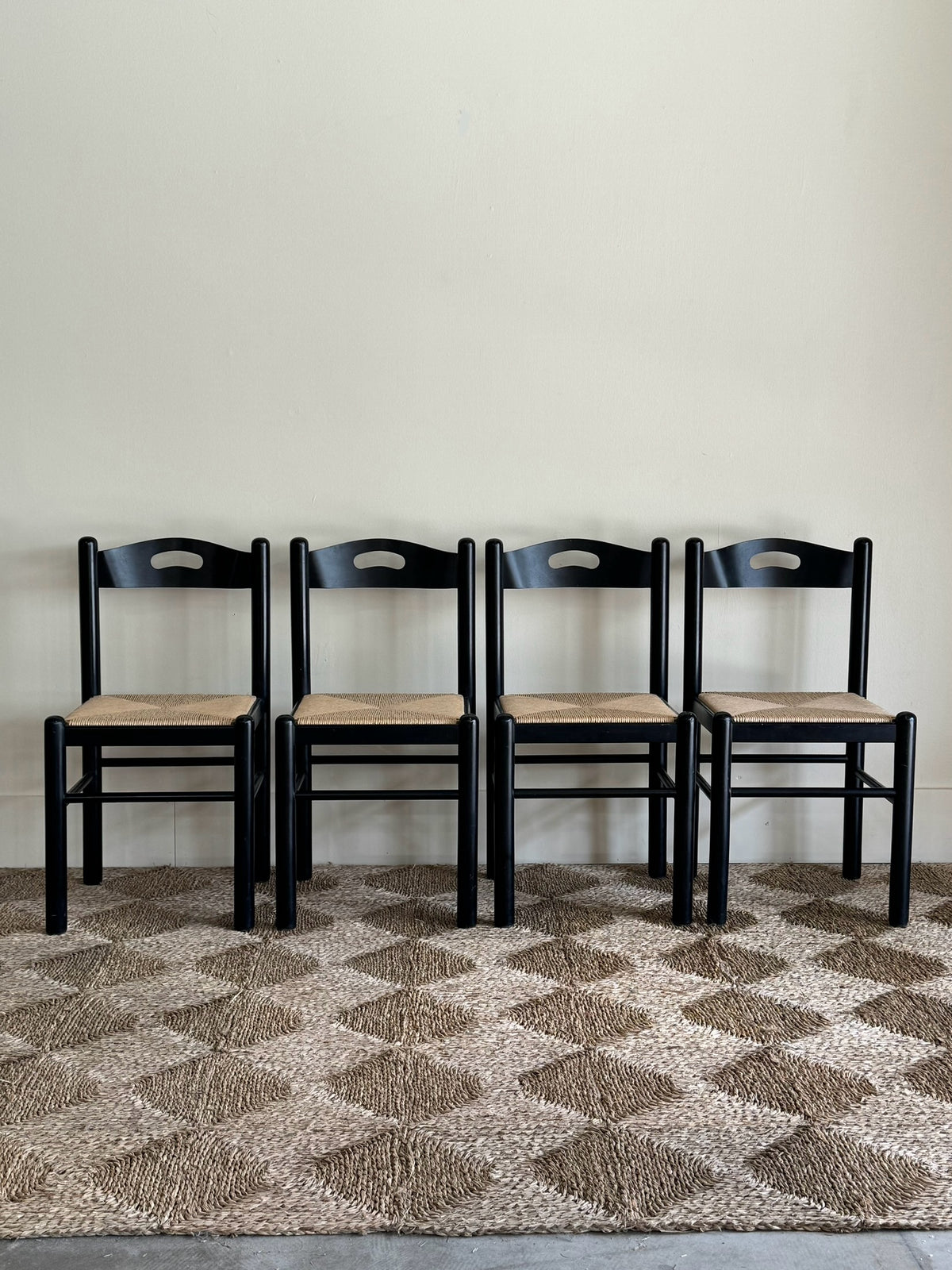 S 4 BLACK LACQUERED RUSH DINING CHAIRS Carpenter.Studio