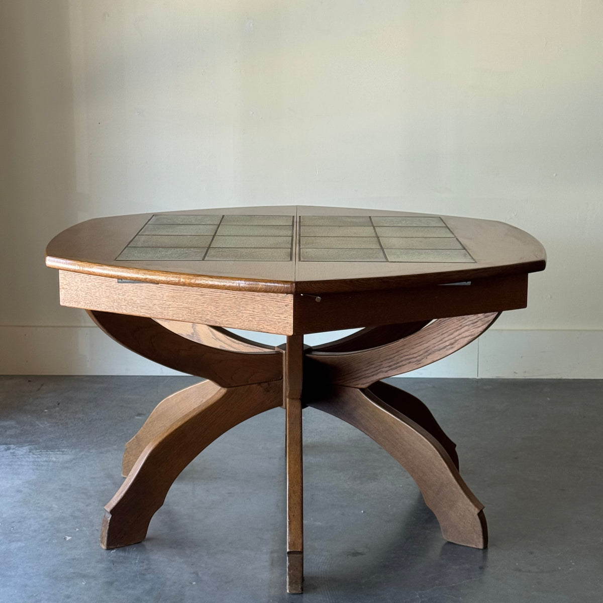 Curved Hexagon German Oak & Tile Dining Table with Butterfly Leaf