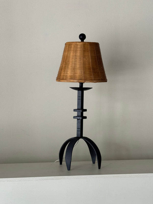 Sculptural Metal Lamp with Wicker Shade